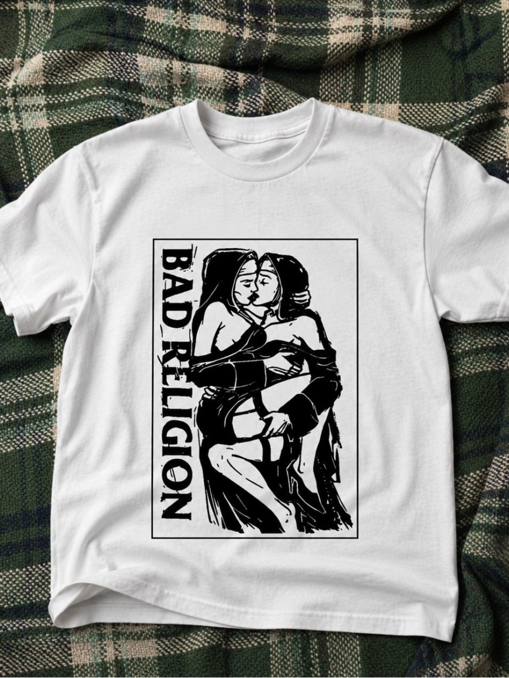 Gildan White Short Sleeve Tee with Black 'Bad Religion' Graphic